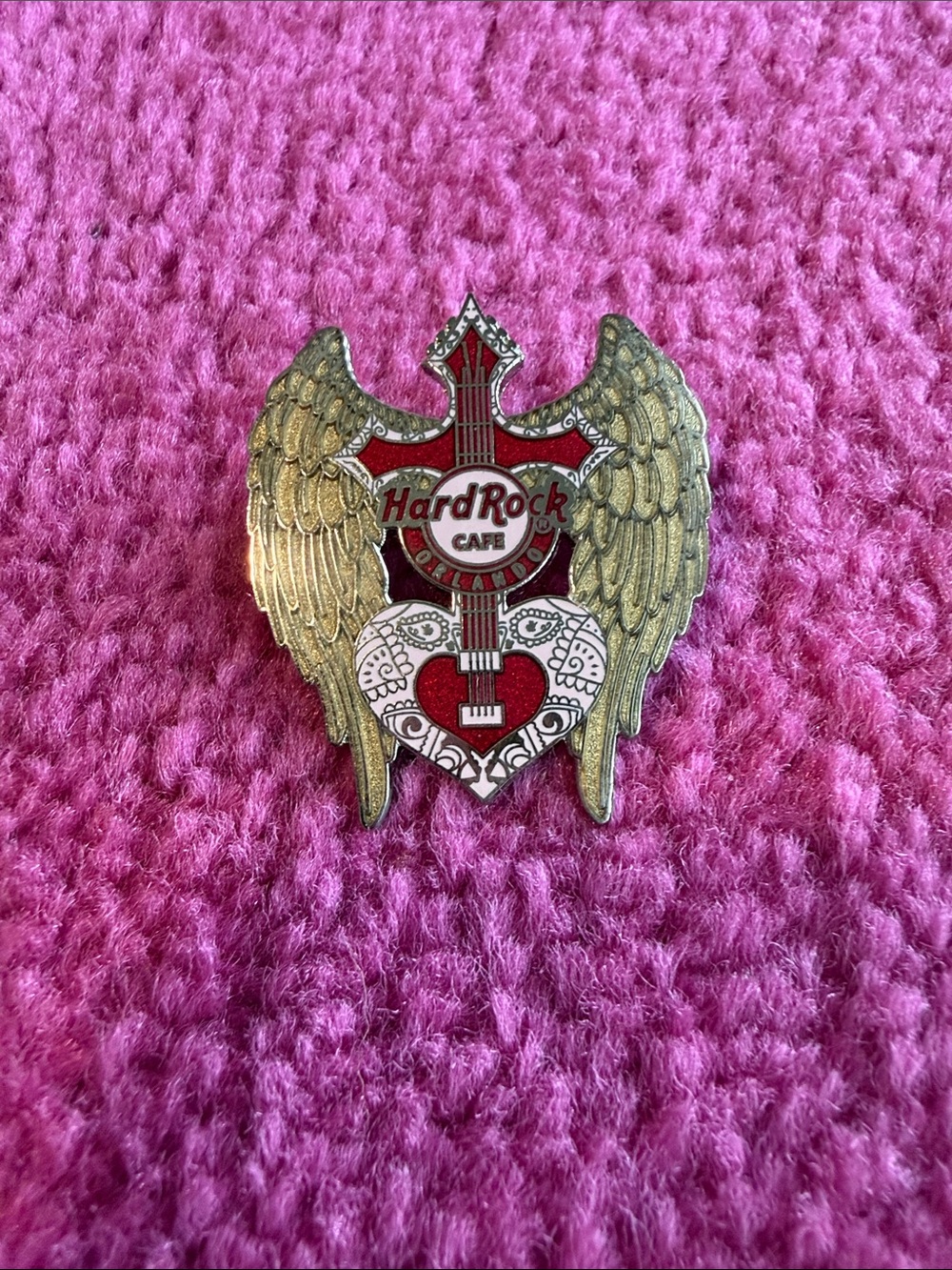Hard Rock Cafe Red, Pink, Silver & Gold Winged Heart Guitar Pin - Orlando